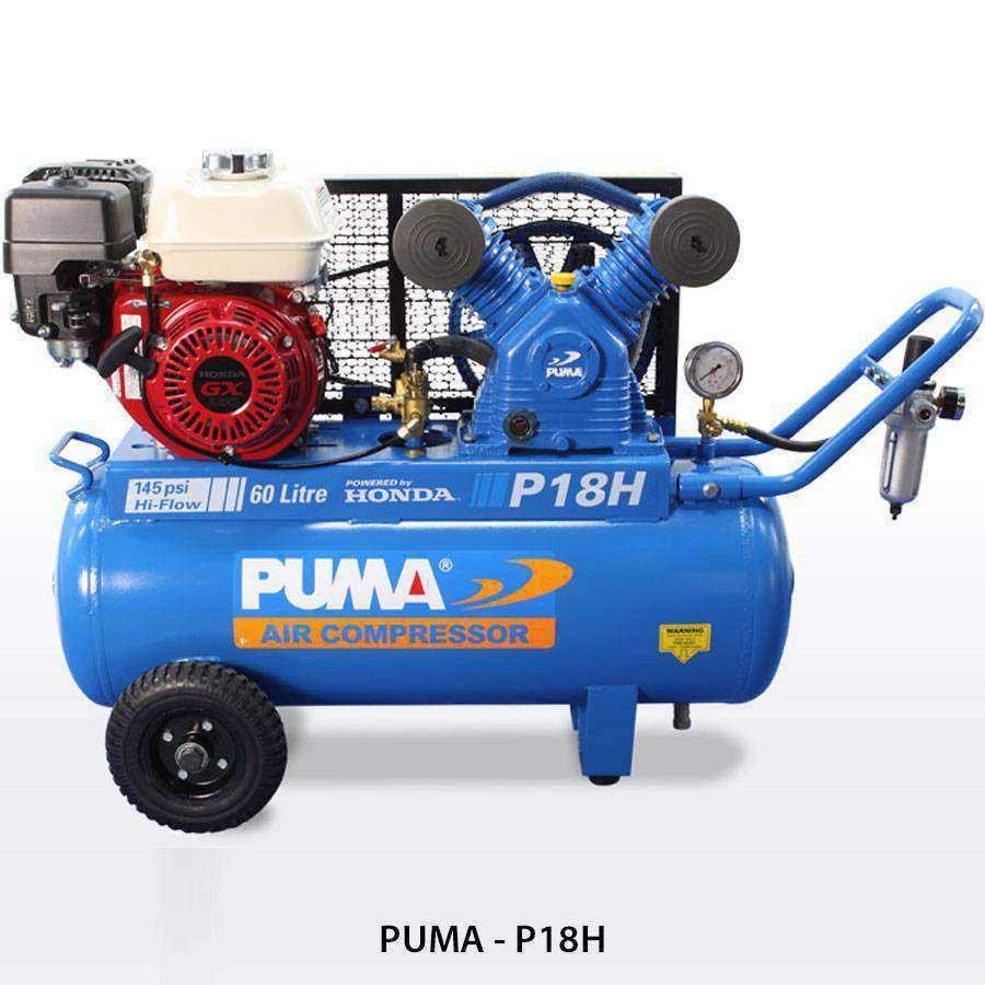 Blue Puma P18H Honda air compressor with a red engine and black wheels, on a white background.