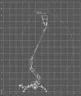 Blueprint of an articulated boom lift on a grid, demonstrating its reach and mobility.