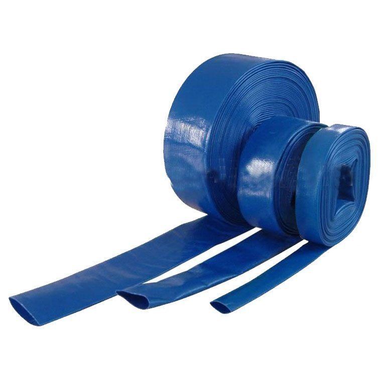 Blue, flat layflat hoses rolled and unrolled, for water transfer.