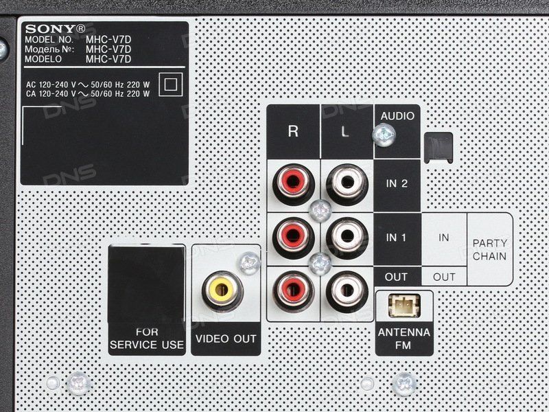 Close-up of a Sony stereo system's back panel, showing various input/output ports and labels.