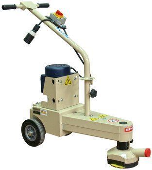 Beige floor grinder with a black handle, wheels, and a red emergency stop button.