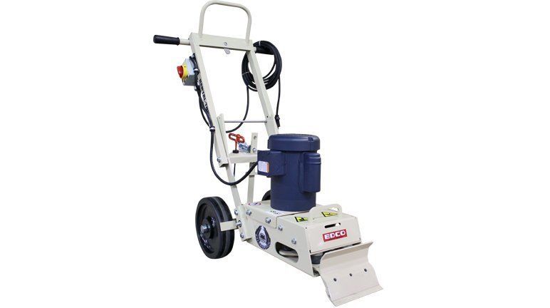 White and blue electric floor scraper with handle, wheels, and blade, on a white background.