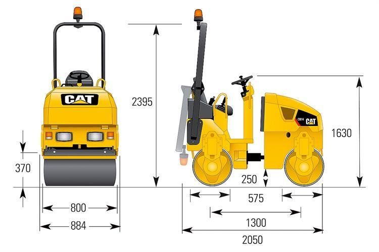 Diagram of a yellow Caterpillar compactor, with measurements and dimensions labeled.
