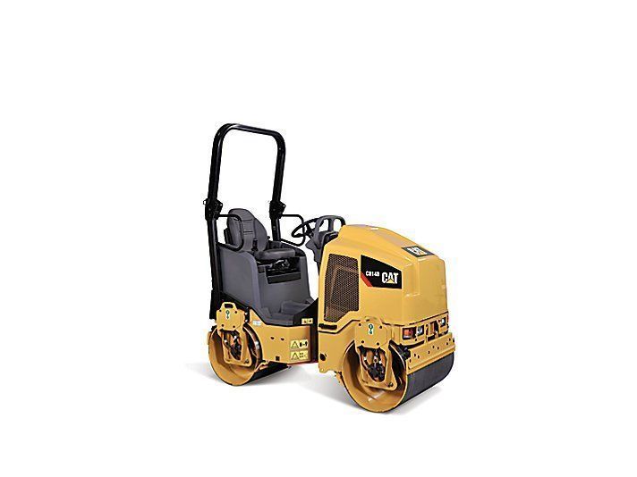 Yellow Caterpillar road roller on a white background.
