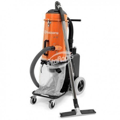 Orange and black Husqvarna industrial vacuum cleaner with a long metal wand and wheeled base.