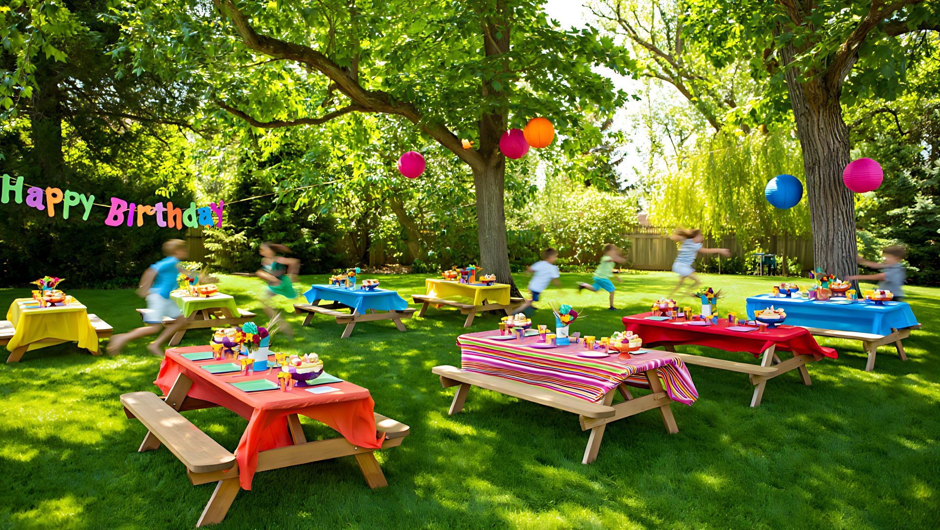 View of a couple of picnic tables in a backyard with birthday party accessories and kids playing.