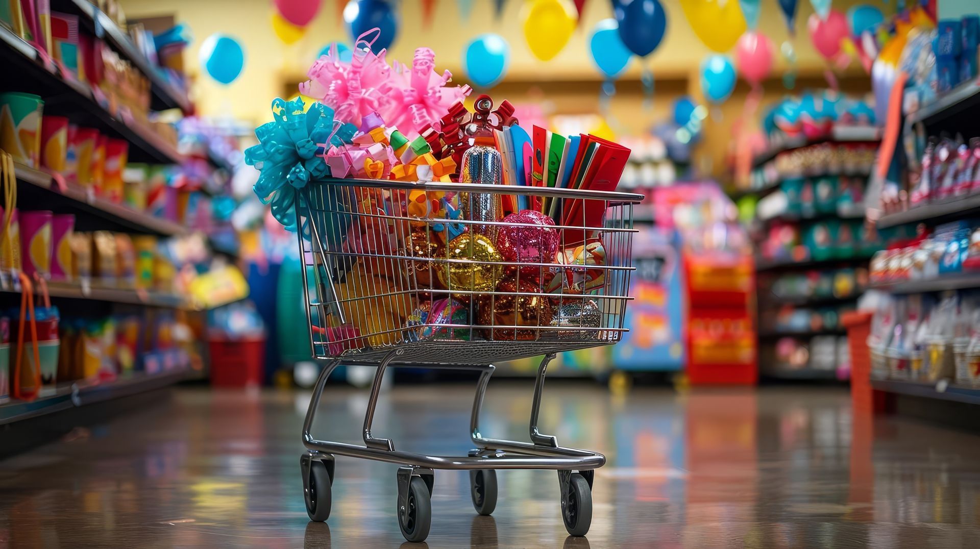 View of a shopping cart filled with birthday supplies with the store blurred in the background.