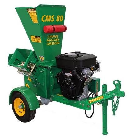 Green CMS 80 wood chipper shredder with a gas engine on a towable frame against a white background.