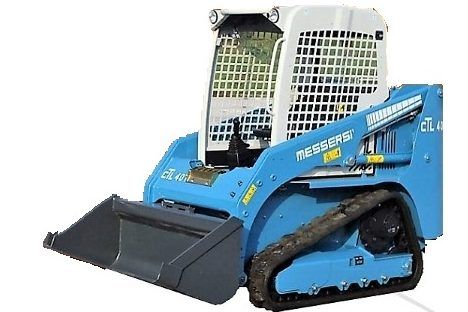 Blue and white track skid steer loader with bucket.