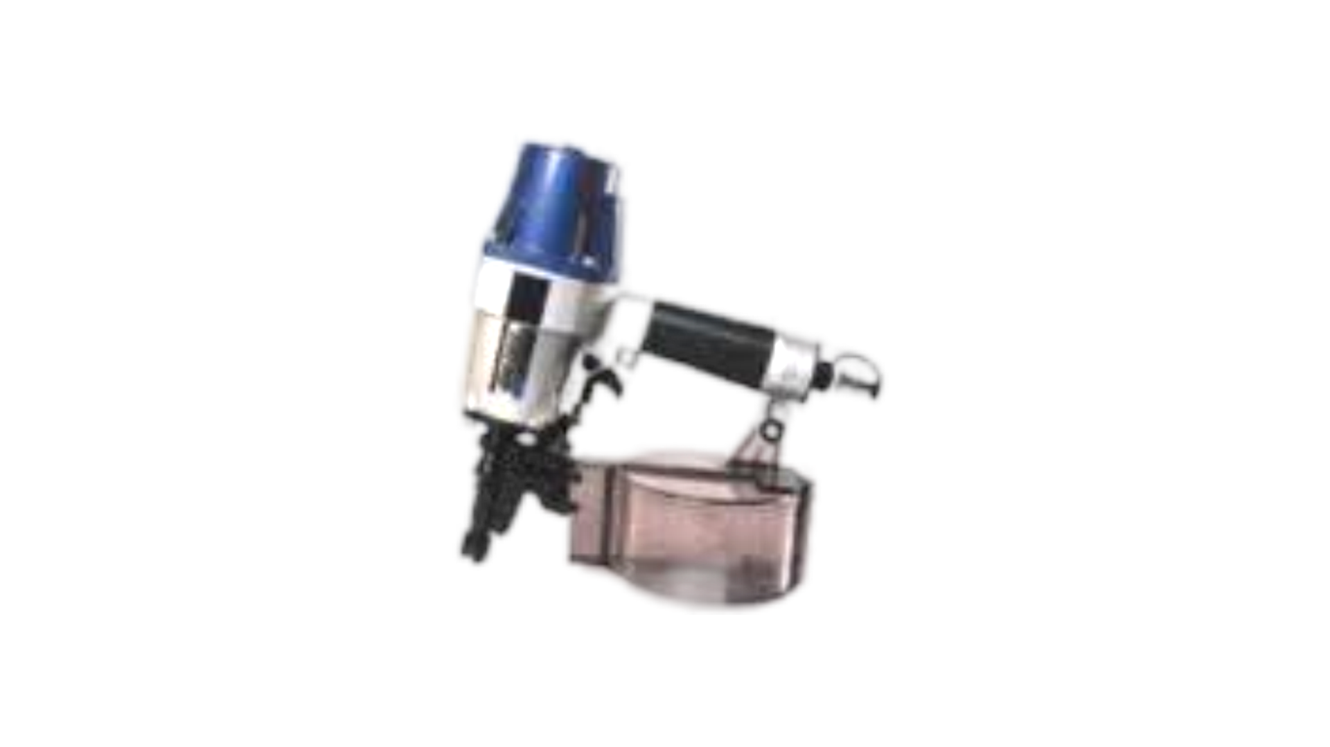 Pneumatic coil nailer, silver and blue, with a black handle and a clear plastic nail canister.