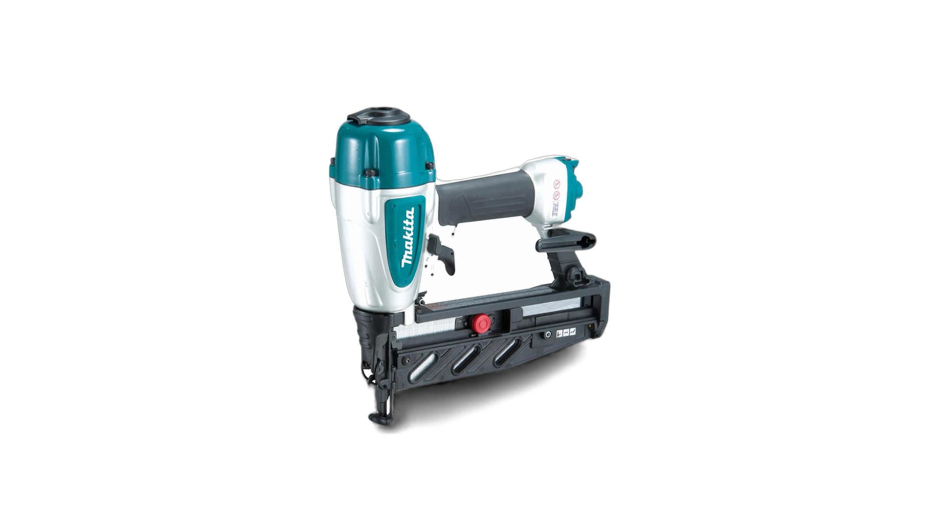 Makita pneumatic staple gun, white and teal, with black handle and magazine.
