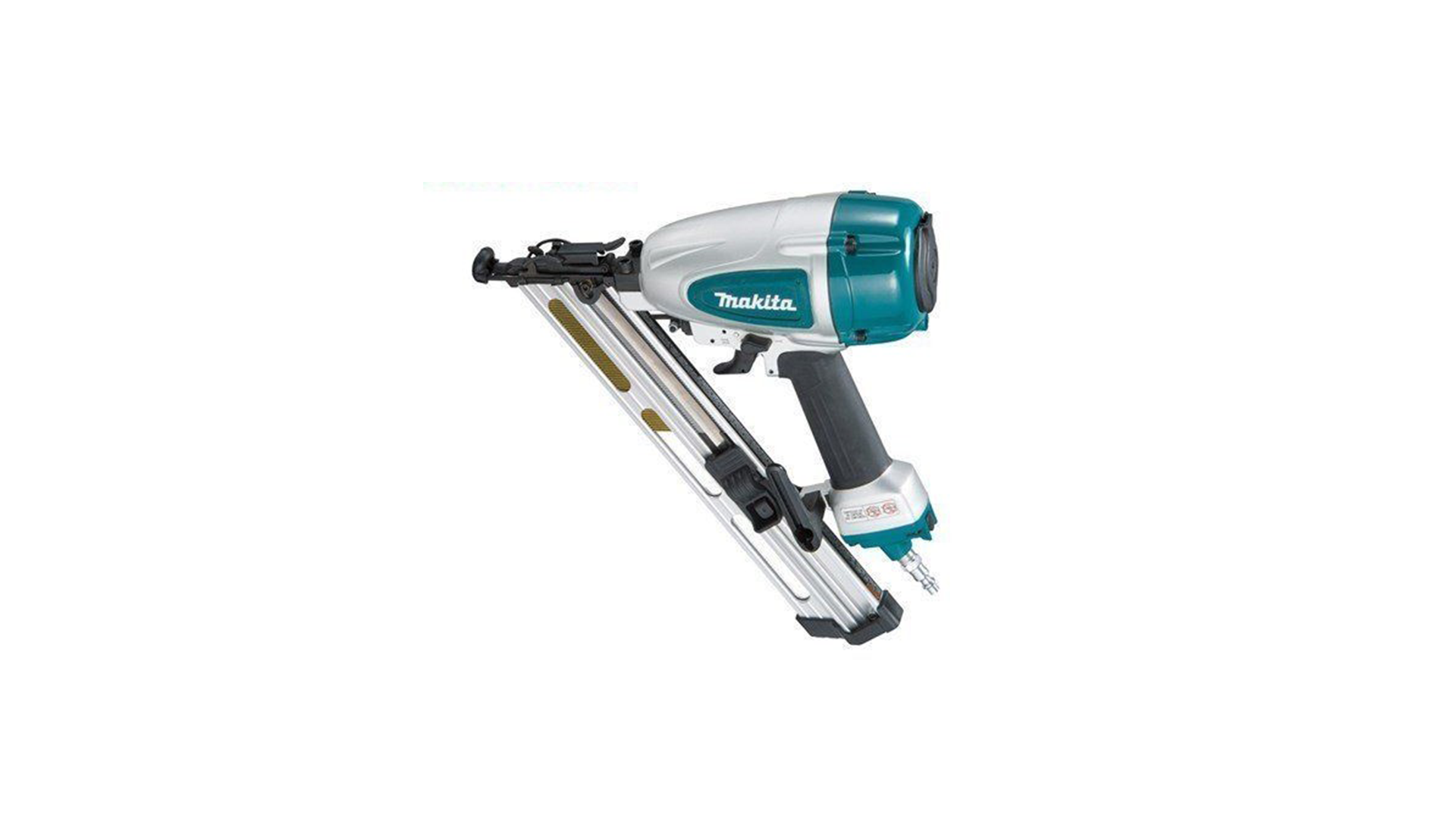 Makita pneumatic nail gun, teal and silver, angled view, with a black handle and nail strip.