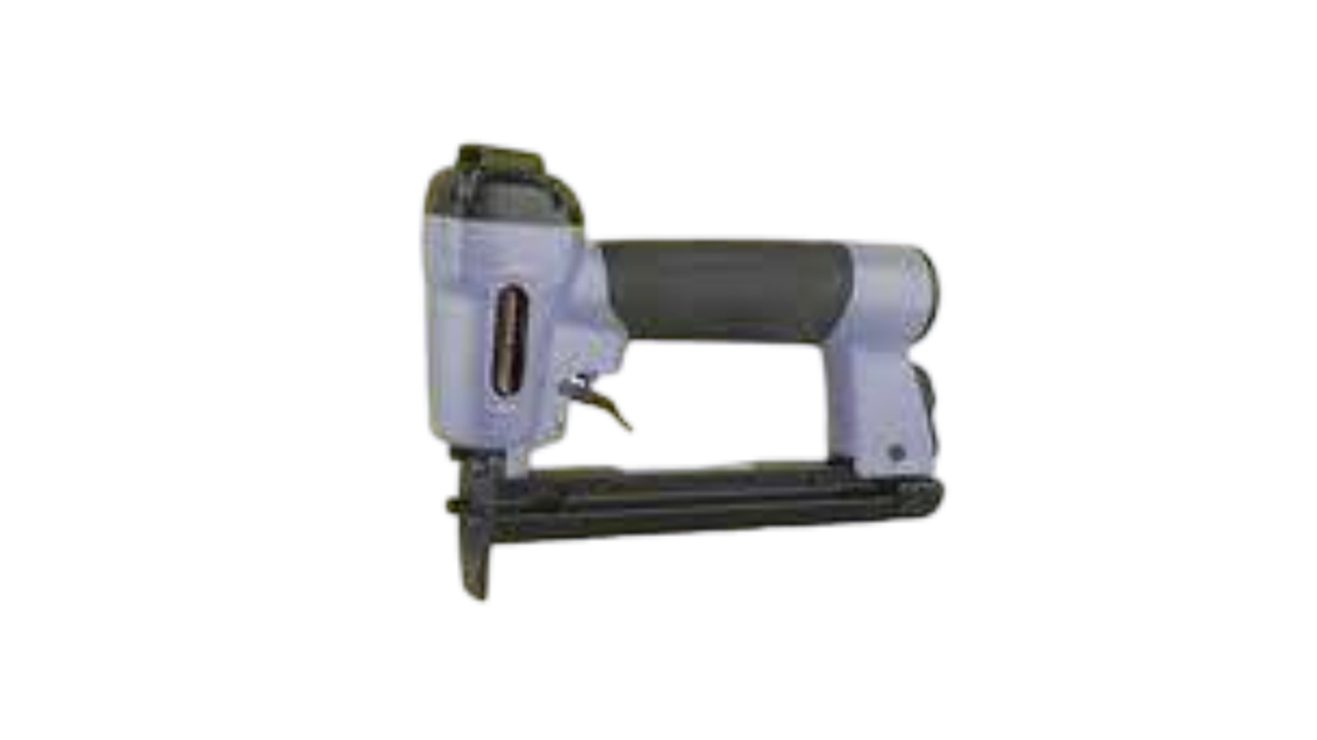 Air-powered staple gun, gray and black, for carpentry or construction tasks.