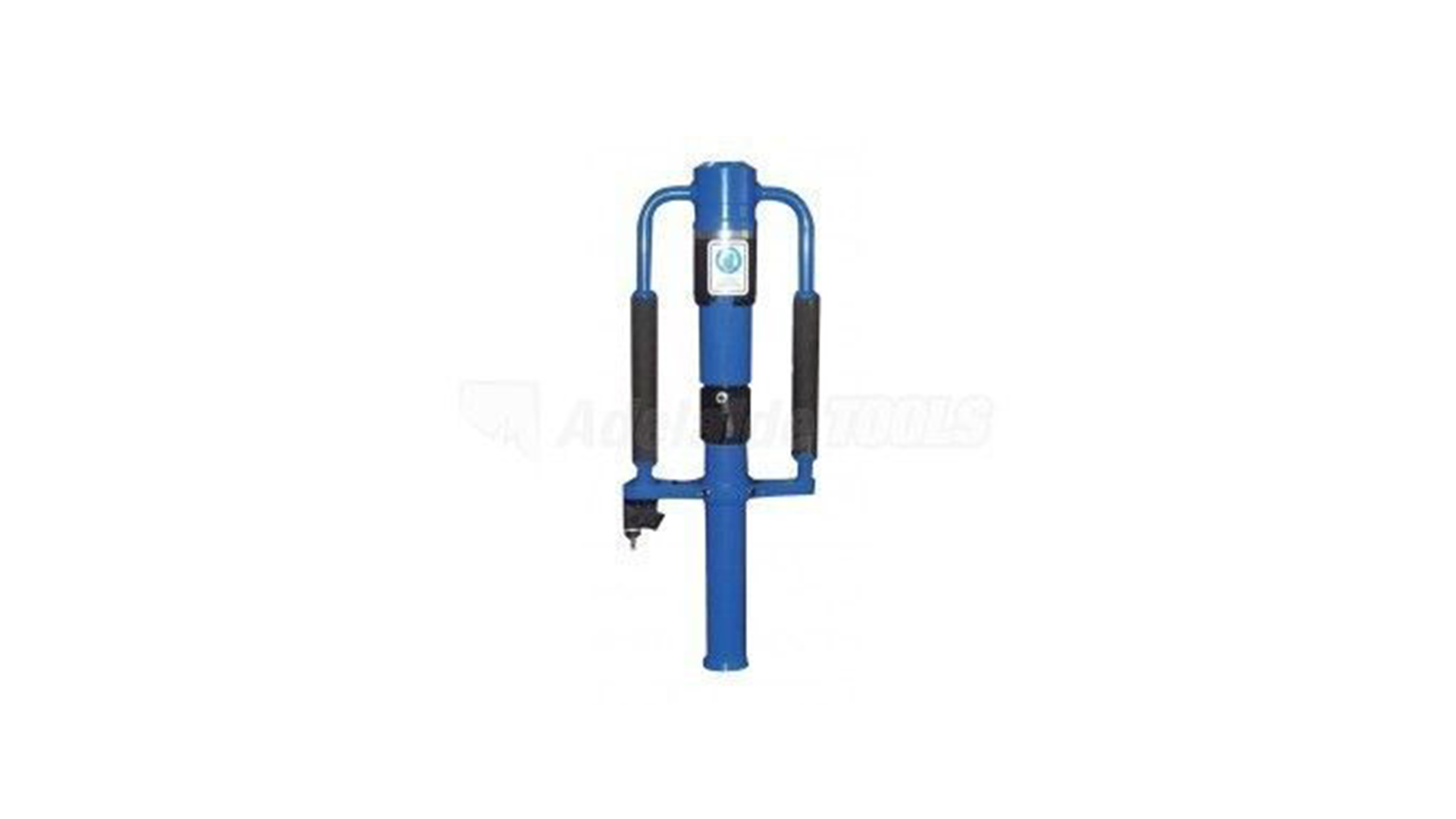 Blue post driver with black handles and center section, for driving posts into the ground.