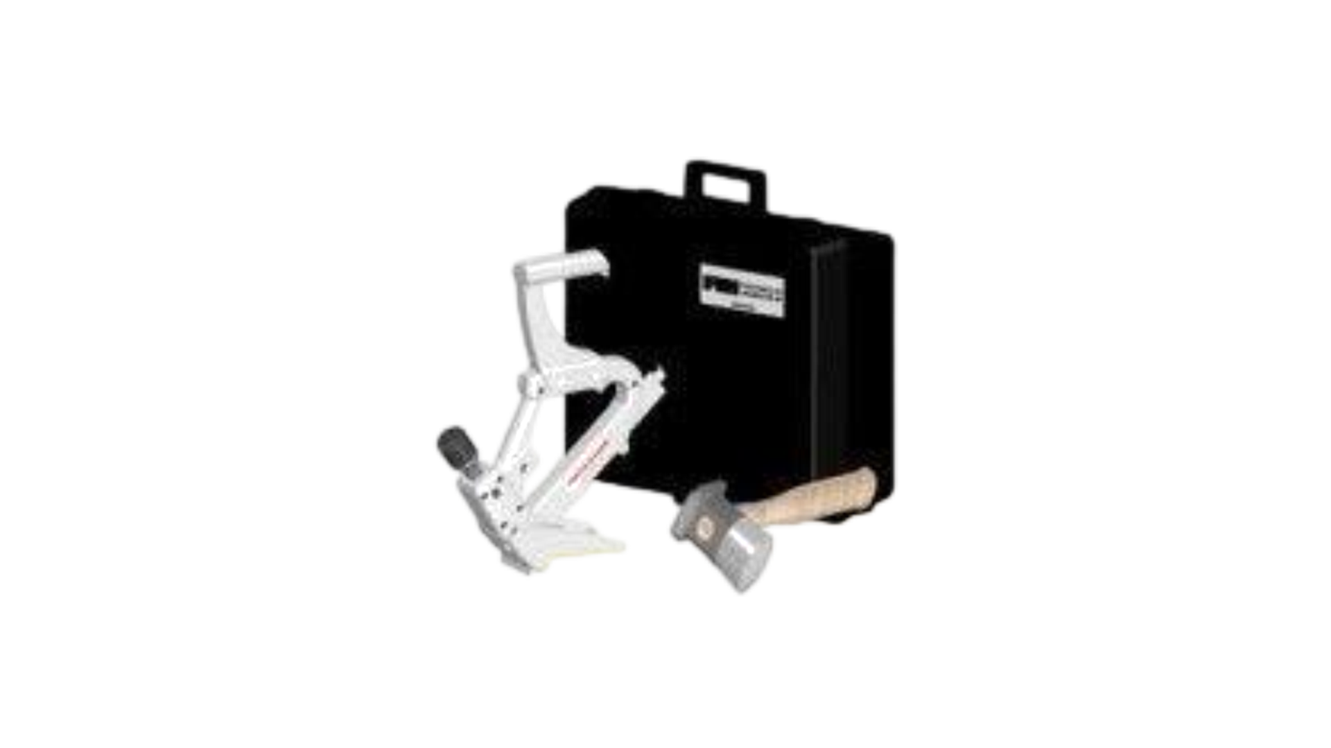 A white flooring nailer, a rubber mallet, and a black case.