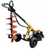 Yellow and black gasoline-powered post hole digger with red auger.