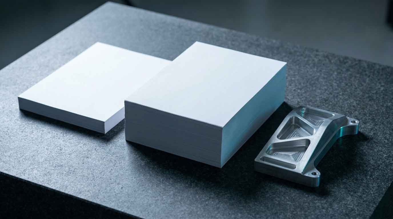 Two stacked sets of quality documents of noticeably different thickness on a granite surface plate b