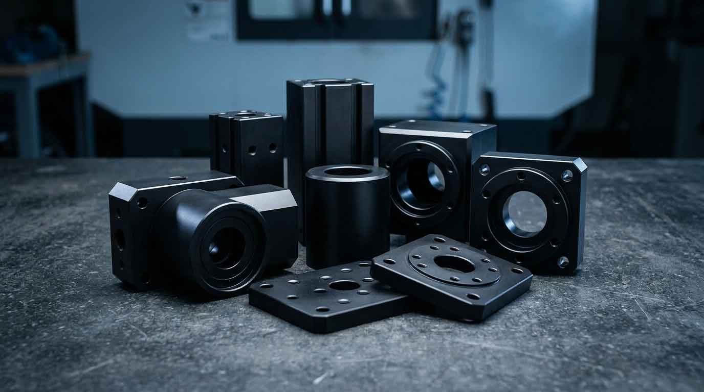 A group of matte black anodized machined aluminum components with hard geometric forms, arranged on a dark textured surface.