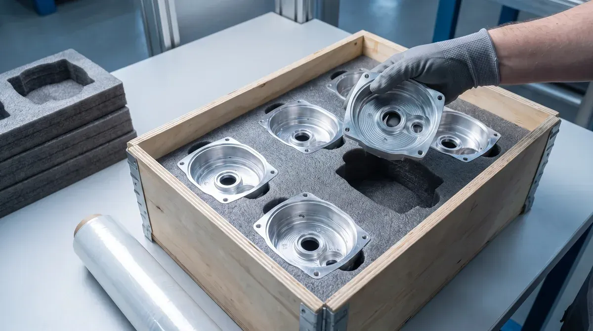 Machined aluminum housings packed in foam inside a wooden crate, one lifted by a gloved hand