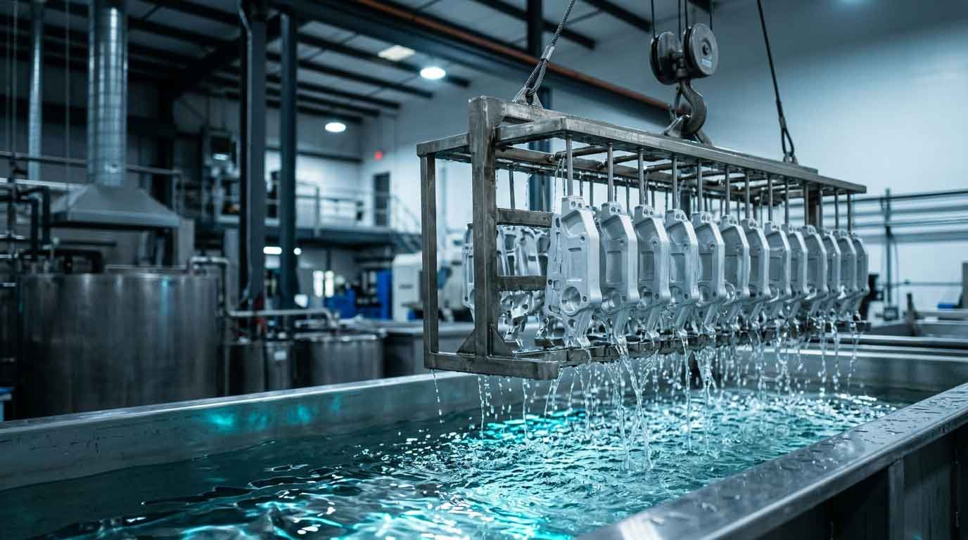 A titanium racking fixture lifting freshly anodized aluminum parts clear of an anodizing tank, clear liquid sheeting off the parts.