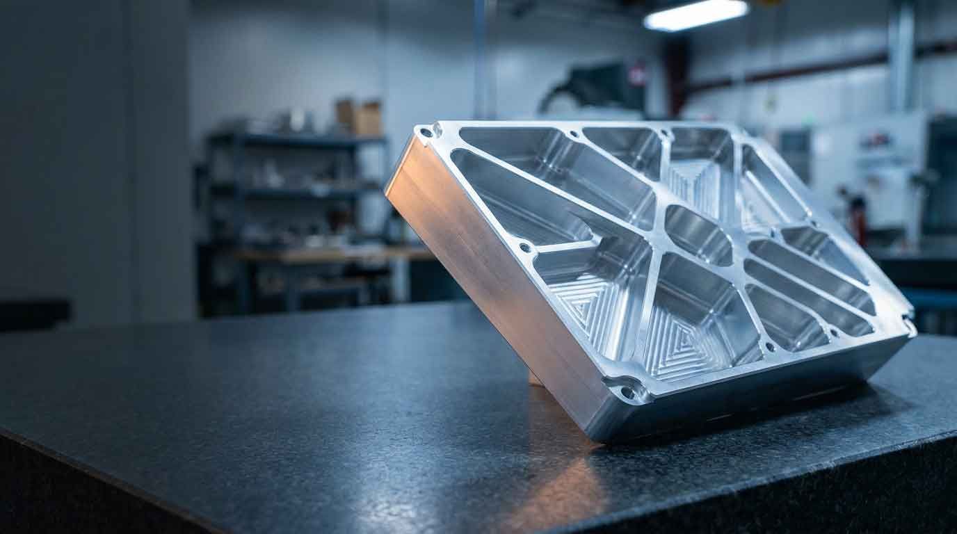 A complex precision-machined aluminum aerospace component with a clear anodized satin finish, resting on a granite surface plate in a clean machine shop.