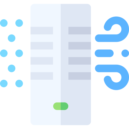 Air purifier with wind and floating blue particles.
