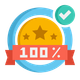 A badge with a check mark and a ribbon that says 100 %