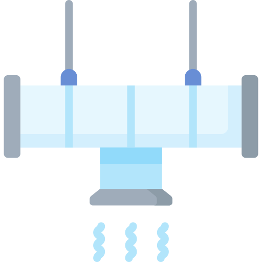 Illustration of a clear pipe with two attachments above and exhaust below, emitting wavy lines.