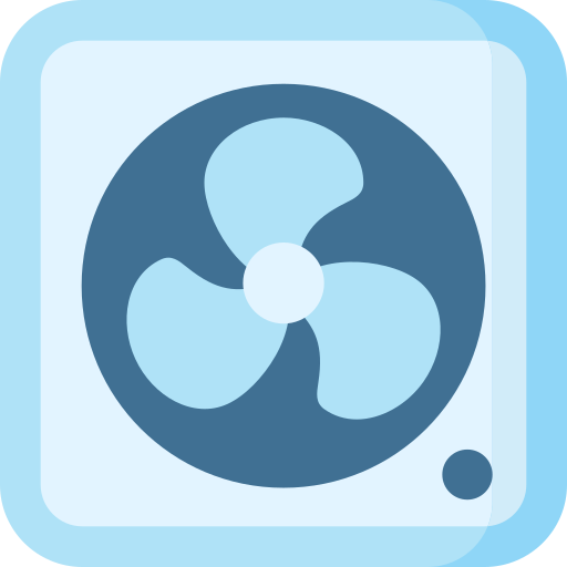 Blue fan icon, circular fan blades within a dark blue circle, in a light blue square.