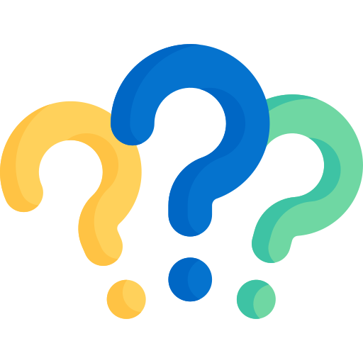 Three colorful question marks: yellow, blue, and green, with corresponding colored dots.