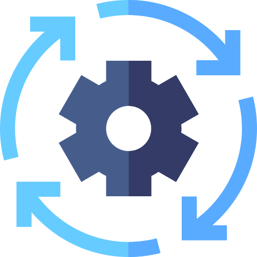 Gear icon with arrows circling it. Blue and white.