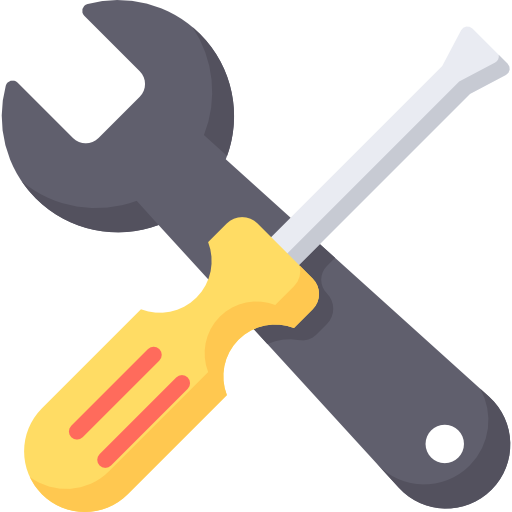 Wrench and screwdriver crossed, symbolizing tools and repair. Yellow and gray color scheme.