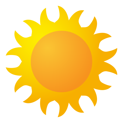 Bright yellow sun with orange center and spiky rays.