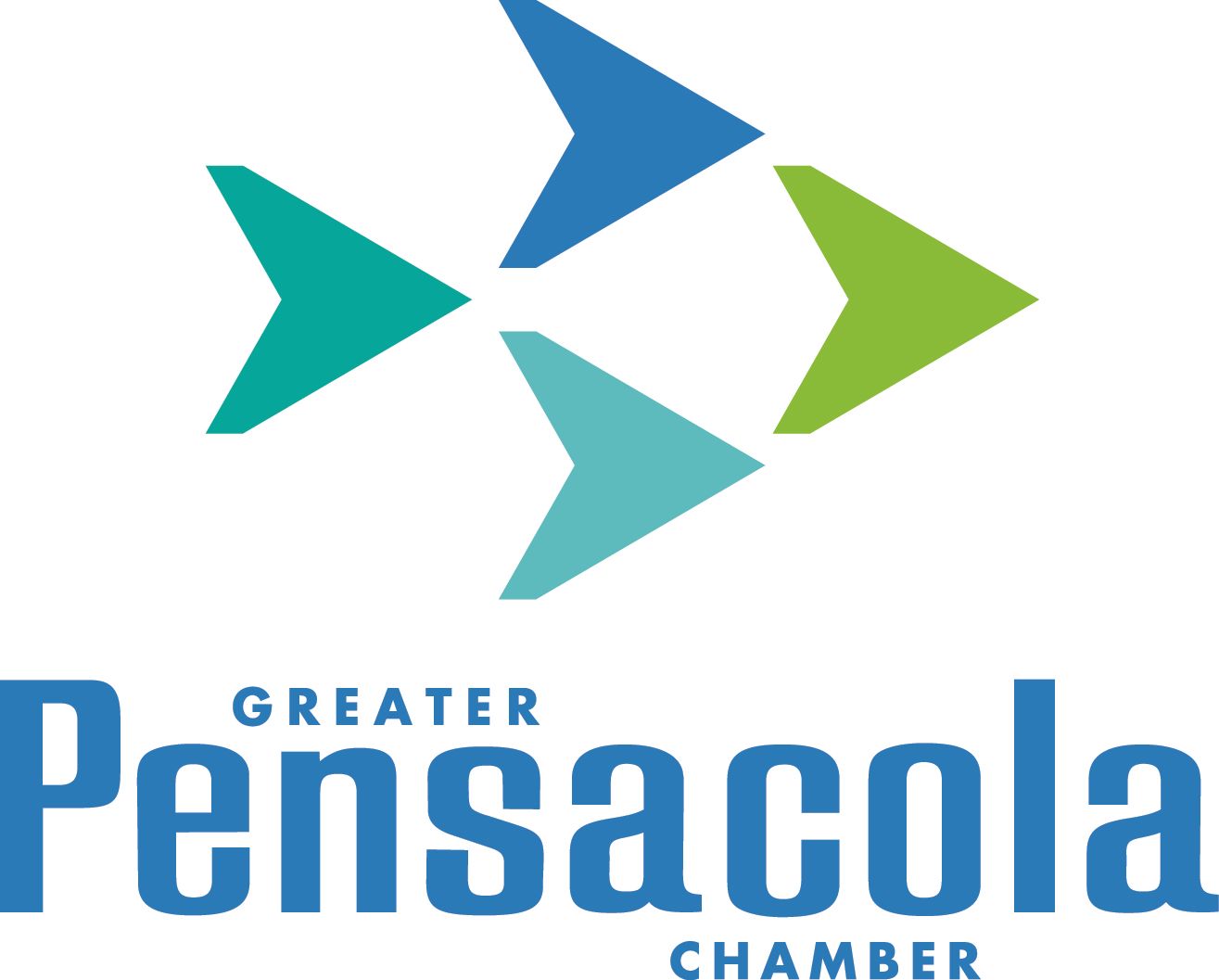 Greater Pensacola Chamber logo with blue, teal, and green arrow shapes