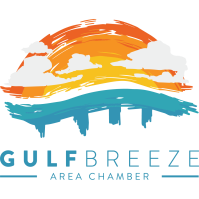 Gulf Breeze Area Chamber logo with orange sun, blue waves, and teal text