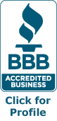 BBB Accredited Business badge with blue logo and “Click for Profile” text