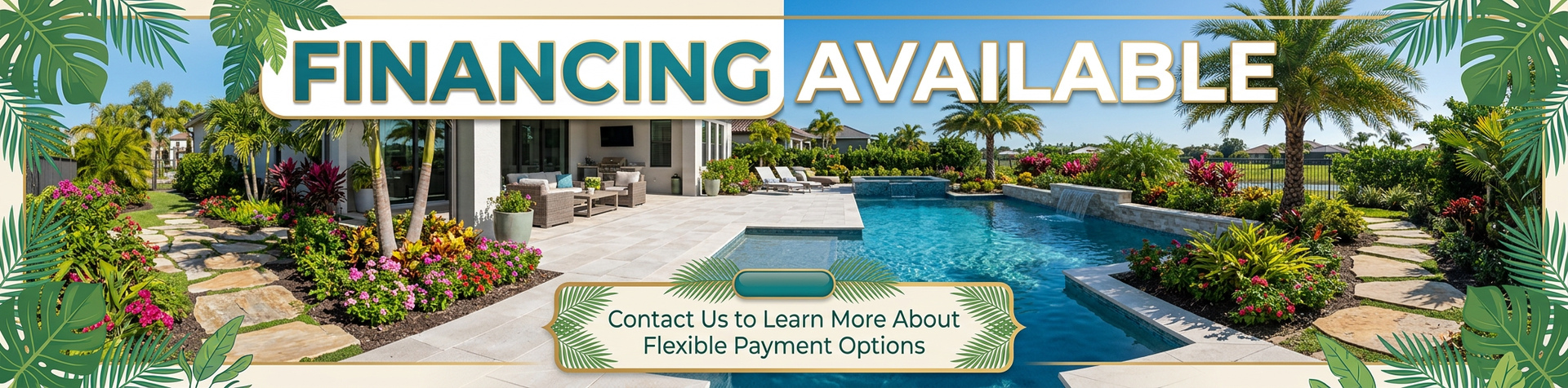 Financing available over a tropical resort-style pool and palm-lined apartment courtyard
