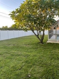 A green lawn with a tree, white fence, and part of a house.