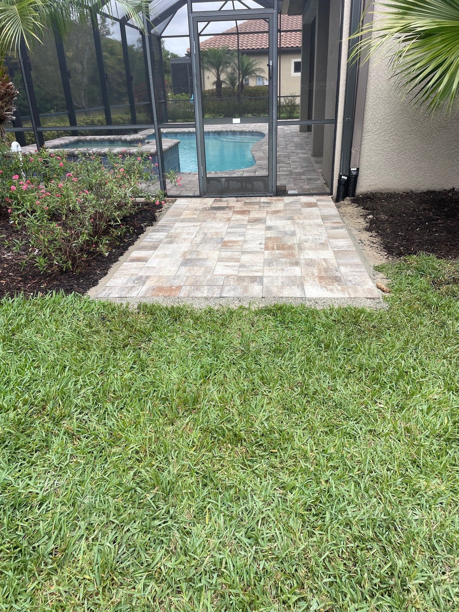 Backyard patio with stone pavers leading to a screened pool enclosure and green lawn.
