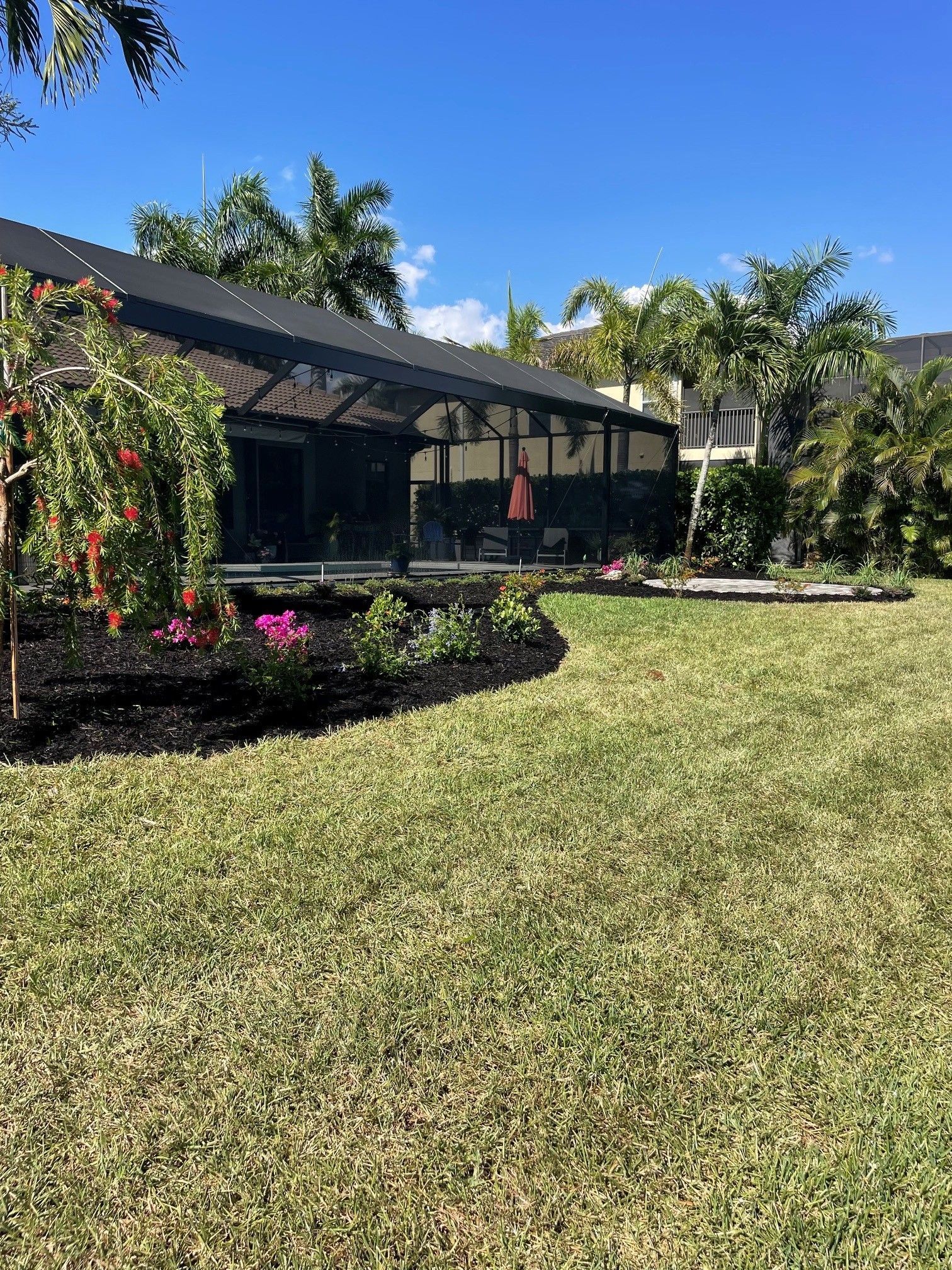 Sunny backyard with a screened patio, palm trees, and landscaped flower beds.