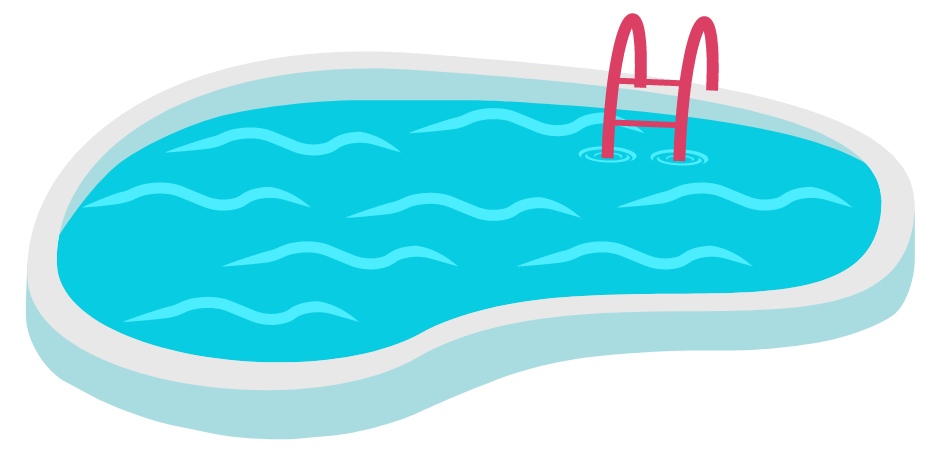 Blue swimming pool with a pink ladder and ladder rails