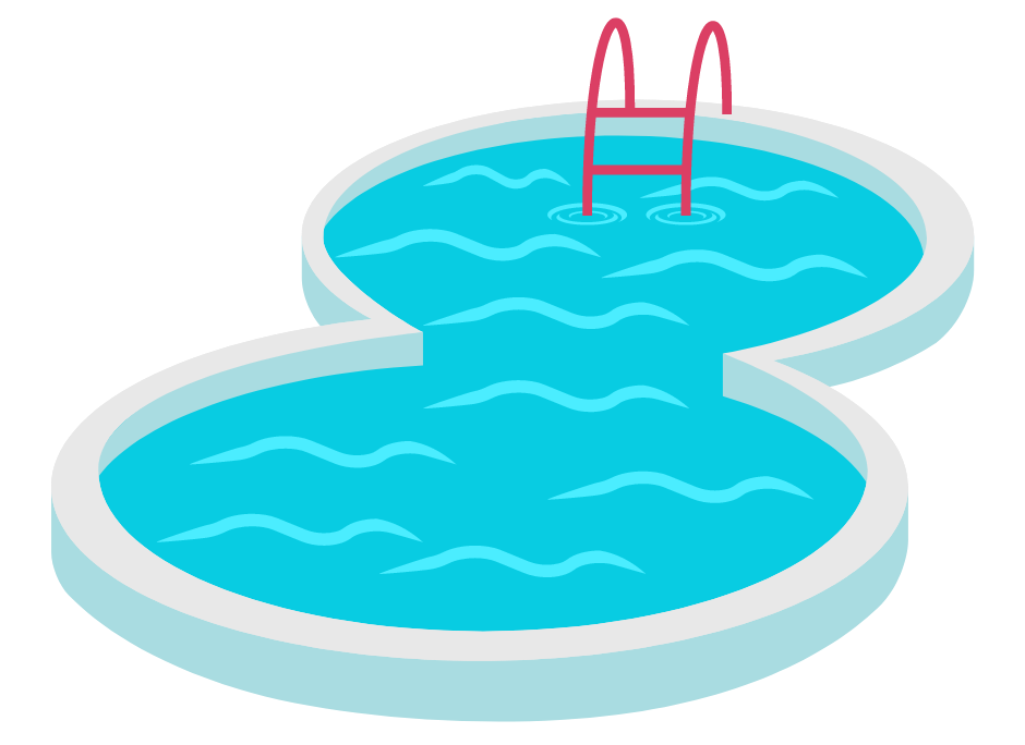 Stylized blue swimming pool with a red ladder and wavy water surface