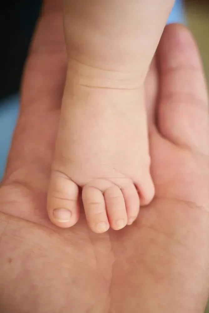 Le minuscole dita dei piedi di un neonato appoggiate sul palmo aperto di un adulto.