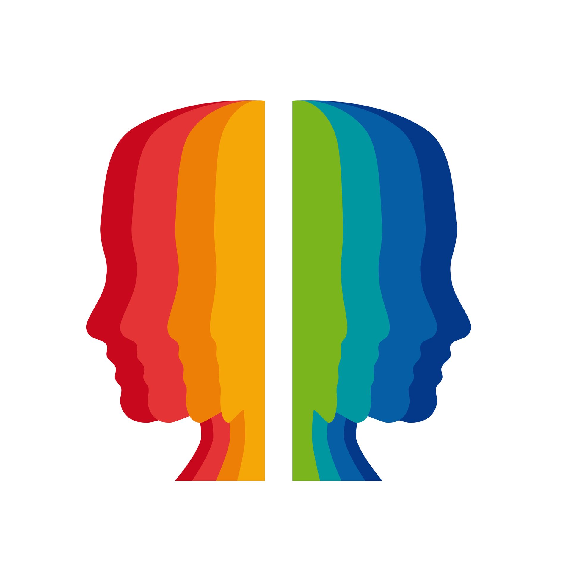Due profili umani speculari, nei colori dell'arcobaleno, rivolti verso l'esterno e divisi da una linea bianca centrale.