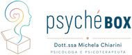 Psychébox logo with a line-art head, a question mark, and the text “Dott.ssa Michela Chiarini, psicologa e psicoterapeuta”