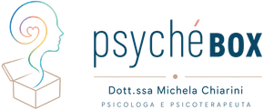 Psychébox logo with a line-art head, a question mark, and the text “Dott.ssa Michela Chiarini, psicologa e psicoterapeuta”