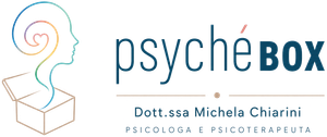 Psychébox logo with a line-art head, a question mark, and the text “Dott.ssa Michela Chiarini, psicologa e psicoterapeuta”