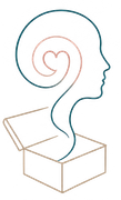 Disegno astratto a tratto pastello di un profilo umano che emerge da una scatola aperta, con una spirale a forma di cuore all'interno della testa.