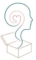 Disegno astratto a tratto di un profilo umano e di un cuore all'interno di una scatola aperta, nei toni del verde acqua e del beige.