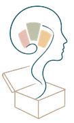 Disegno astratto a tratto pastello di un profilo umano che emerge da una scatola aperta, con una spirale a forma di cuore all'interno della testa.